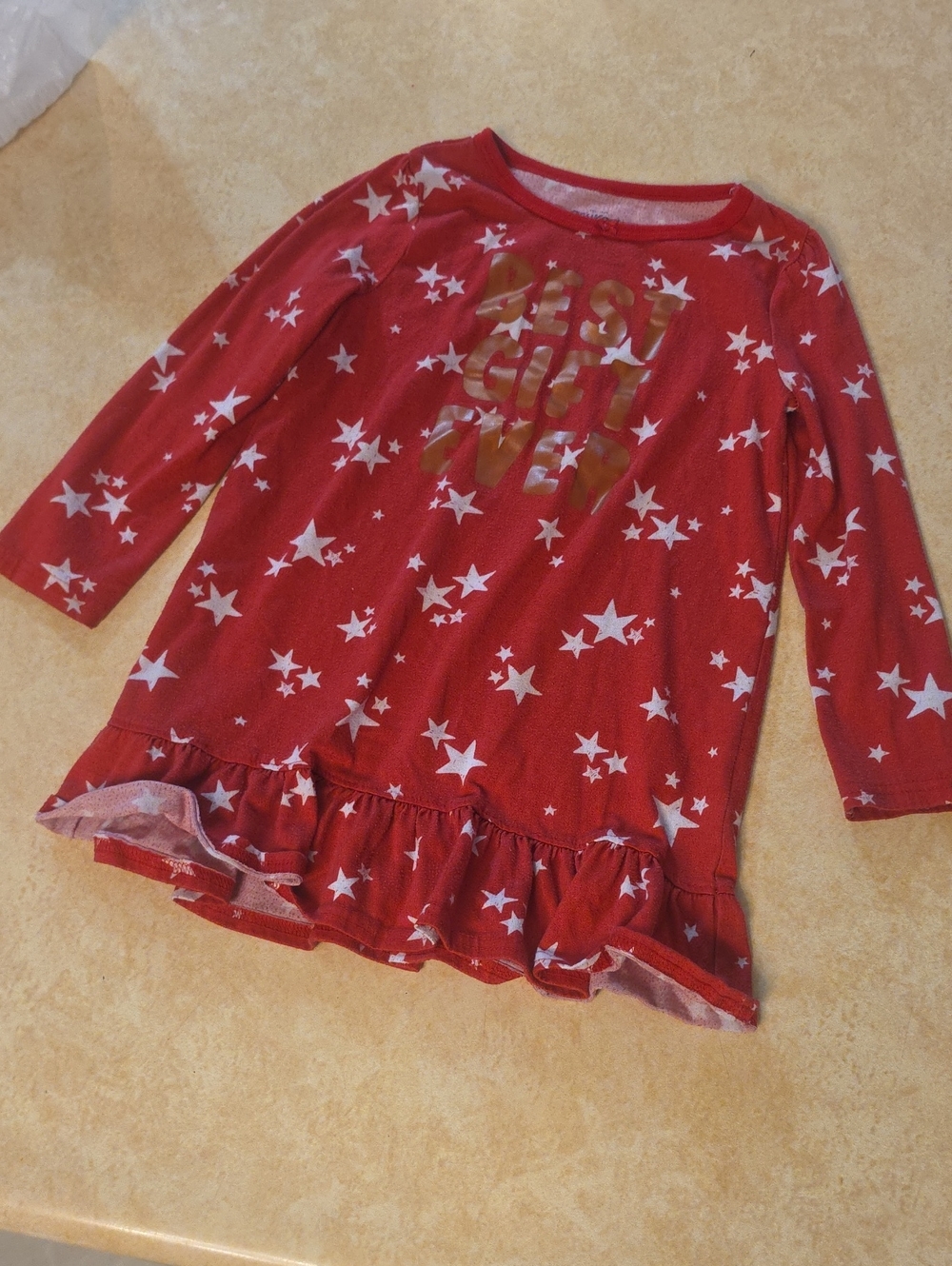 Girl's Red Star-Print Long Sleeve Ruffle Hem Top